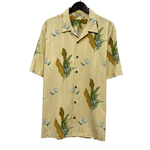 Tommy Bahama Mens Button Front Hawaiian Shirt Yellow Floral Leaves Silk Sz L euc